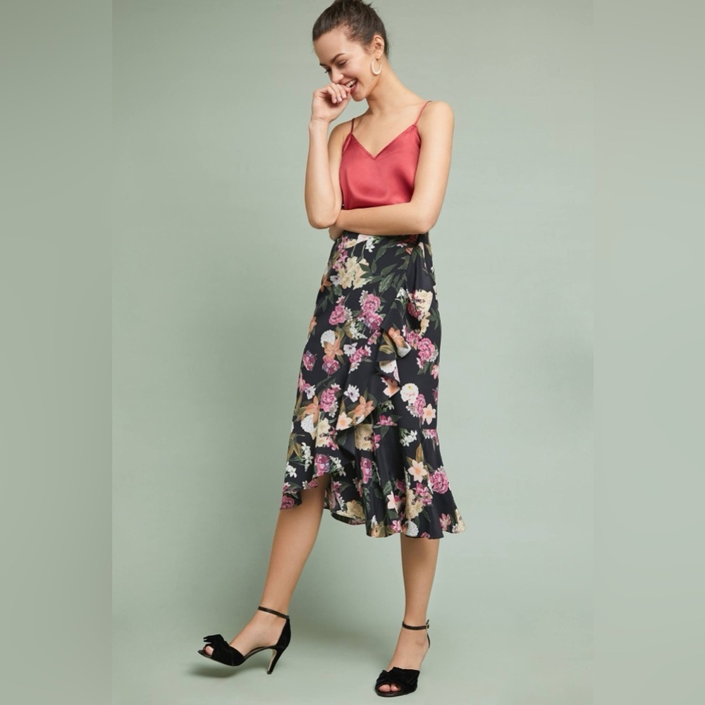Anthropologie Kachel Skirt Cassidy Ruffled Midi Silk Floral Women’s Size 8